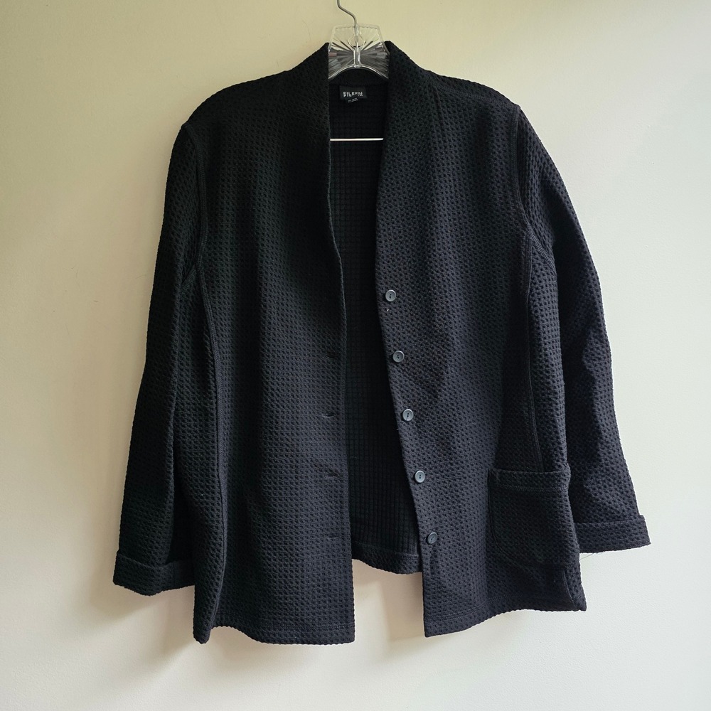 Eileen Fisher Black Waffle Knit Button Front Cardigan Jacket Large Minimalist